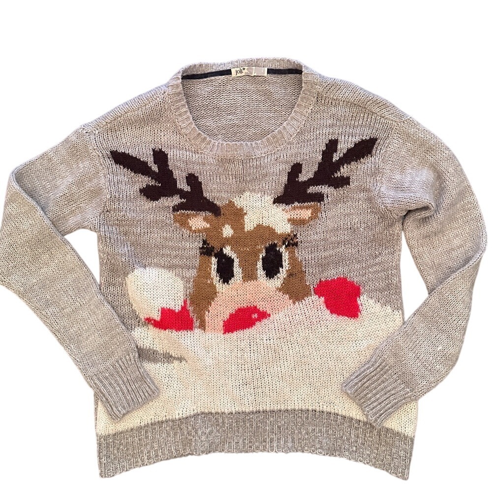 Jolt Soft‎ Gray Knit holiday sweater with Reindeer women's Large